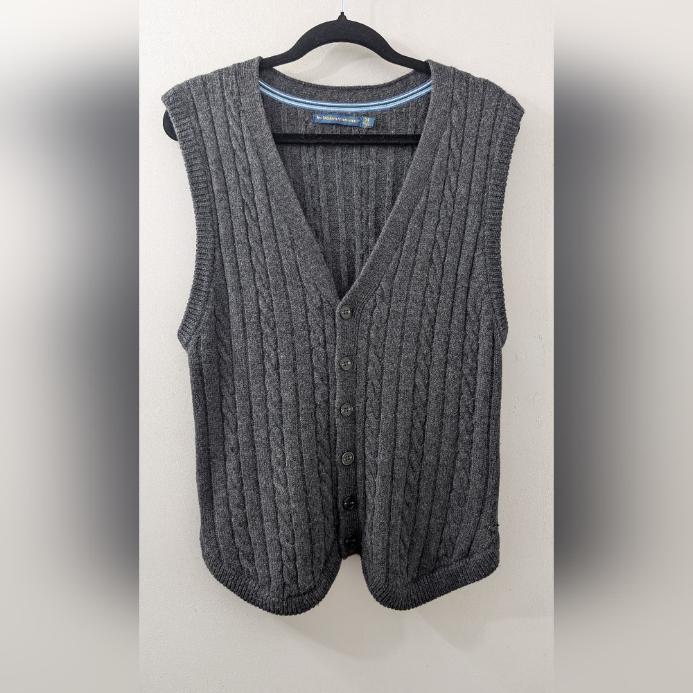 Modern Amusement Vintage Merino Wool Gray Cable Knit Button-Up Vest